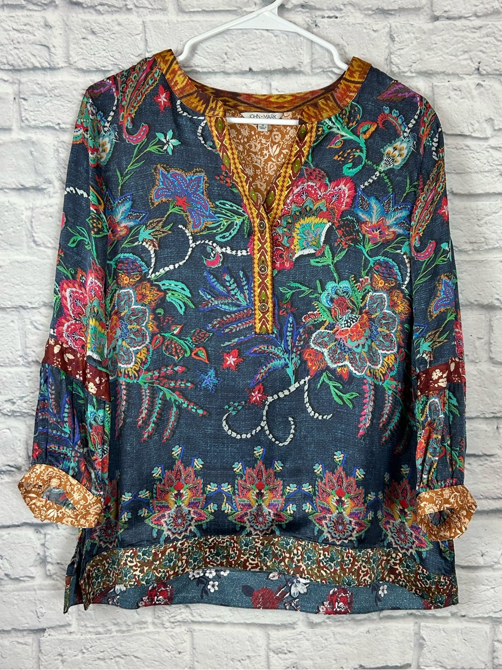 John Mark Floral Paisley Tunic Top Small Mixed Print Boho Button Detail